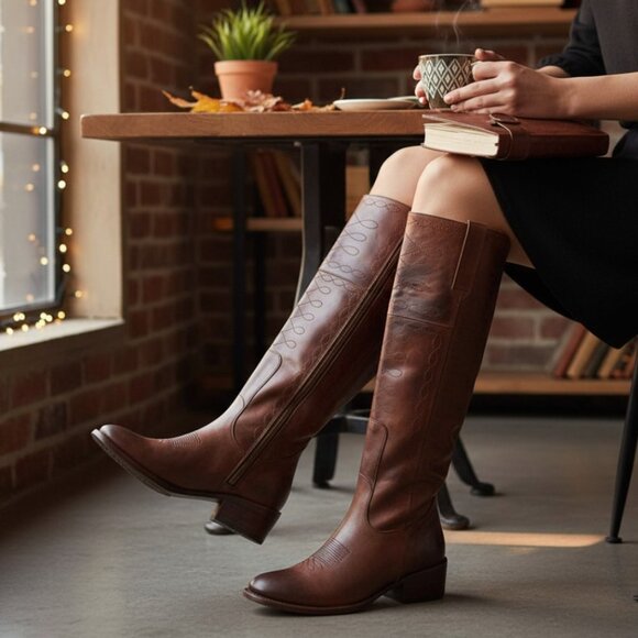 Freebird Wrang Distressed Brown Embroidery Detail Tall Boot, Size 6 - Picture 1 of 11